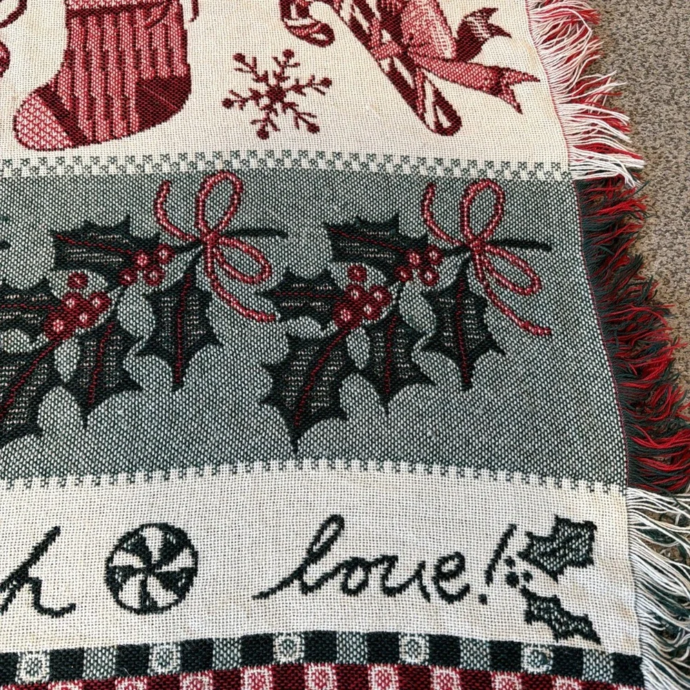 Vintage Woven Christmas Throw Blanket Holiday Trains Bells Flowers 54